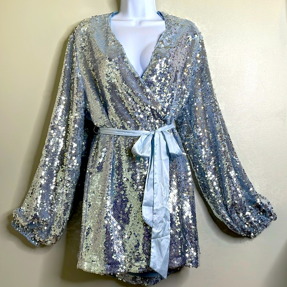 Mable Viva Las Vegas Sequin Wrap Mini Dress Light Blue Size Medium NWT